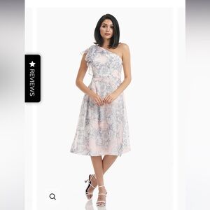 Kay Unger one shoulder, ruffle sleeve, pleated flared midi dress NWOT